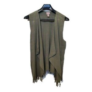 Chicos Army Green Waterfall Vest Fringe Tassles Open Front 2x Boho Festival